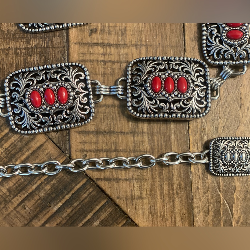 Silver and Red Ornate Women's Belt - Picture 2 of 3
